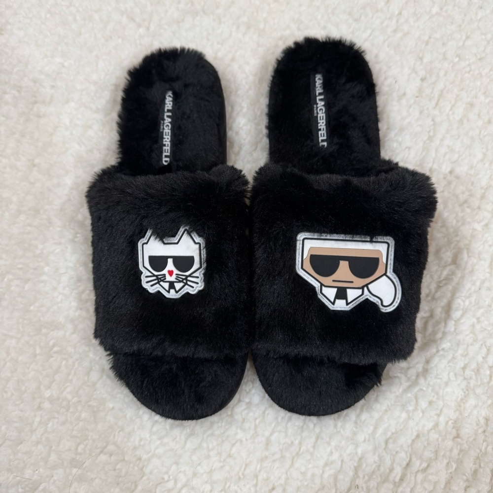 KARL LAGERFELD black faux fur slippers - Picture 3 of 4